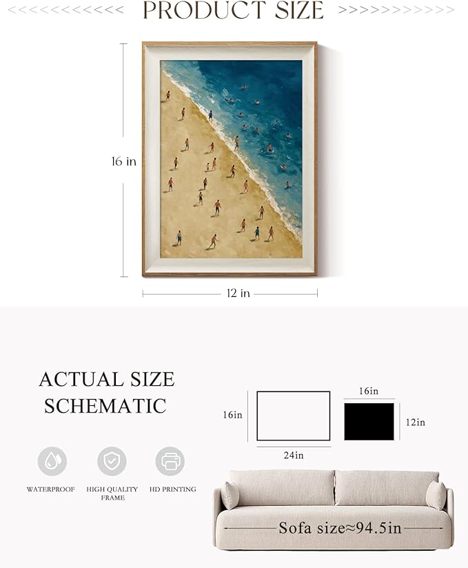 ARPEOTCY Framed Canvas Wall Art, 12x16 Inch Beach Scene Painting Print, Aerial Ocean View Coastal Wall Decor for Bathroom, Bedroom or Living Room, Summer Seaside Artwork