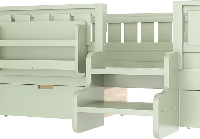 Bellemave Twin Size Kids Bed with high Rails and with Built-in Bookshelf and Drawers for Kids, Girls, Boys, Wood Montessori Bed Without Door, Avocado Green