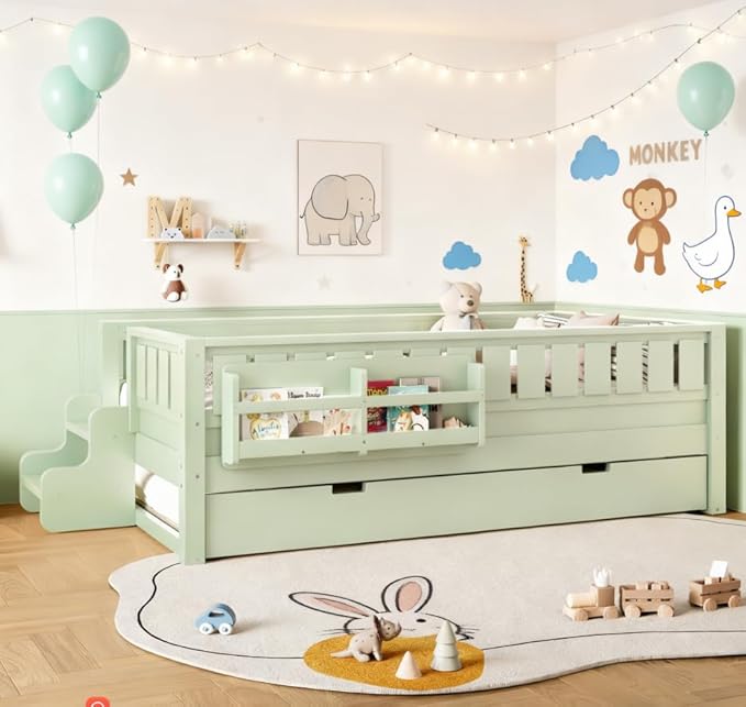 Bellemave Twin Size Kids Bed with high Rails and with Built-in Bookshelf and Trundle for Kids, Girls, Boys, Wood Montessori Bed Without Door, Avocado Green