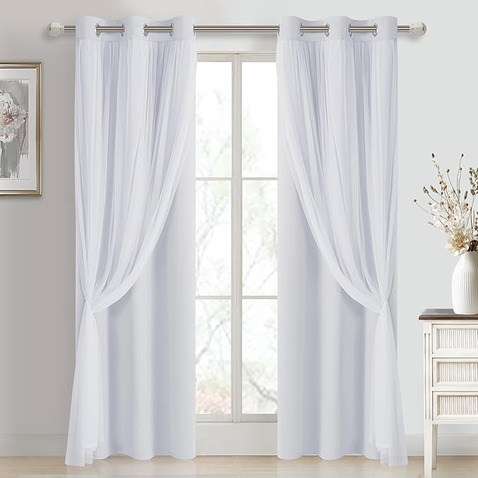 DWCN White Blackout Curtains with Sheer Overlay Thermal Insulated Mix & Match Double Layer Window Panels for Bedroom Living Room Drape Sewn with Tiebacks Grommet Top 38" Wx84 Lx2