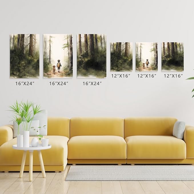 Boy and Dog Nursery Wall Art, Set of 3 Rustic Woodland Nursery Wall Decor, Little Boy and Puppy in the Forest Adventure Kid Wall Art Print, Outdoor Landscape Toddler Room Decor for Boys, Framed 16"x24"x3