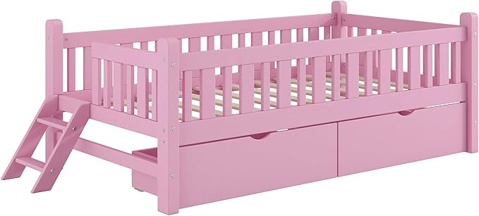 Twin Size Platform Bed with Guardrail and 2 Drawers, Wood Kids Platform Bed Frame with Two-Step Ladder for Boys Girls, Sturdy Slats Support (Pink-1.26)