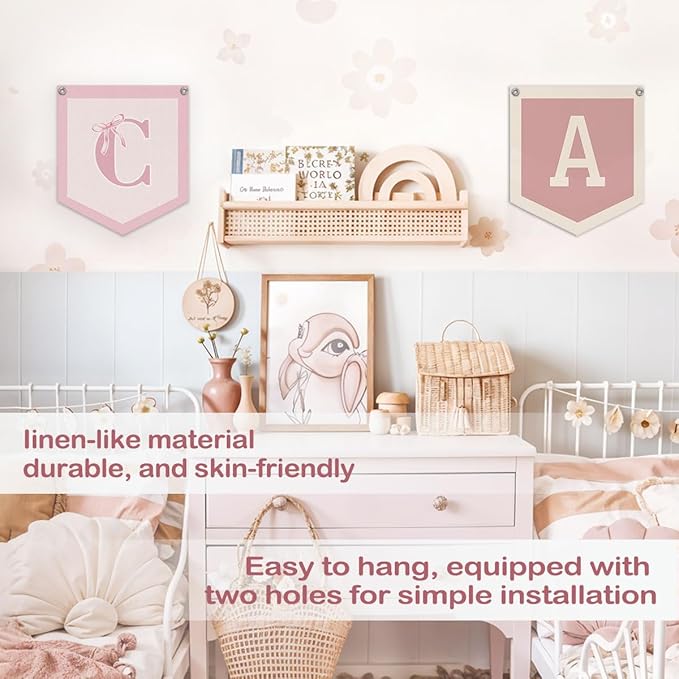 Lacama Initial Personalized Preppy Banner, Baby Girl Nursery Shower Decor Gifts, Coquette Pink Bow Teen Girl Gifts, Vintage Room Decor Toddler Room Bedroom Playroom Front Door Birthday Gift(C)