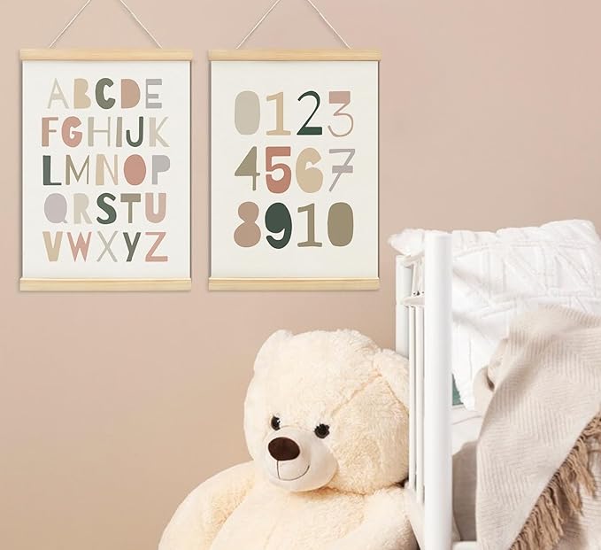 ULEGIE Alphabet Numbers Poster Hanger Frame Set of 2, Playroom Decor, Nursery Wall Decor, ABC Banner Poster Wall Art with Wooden Frames, Alphabet Banner Wall Hanging Decor for Toddler Playroom Nursery 12x16 Inch.