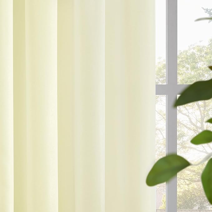 Melodieux Cream Yellow Velvety Semi Sheer Curtains 84 Inches Long for Bedroom, Living Room Natural Cotton Texture Rod Pocket Window Sheer Drapes, 52 by 84 Inch (2 Panels)