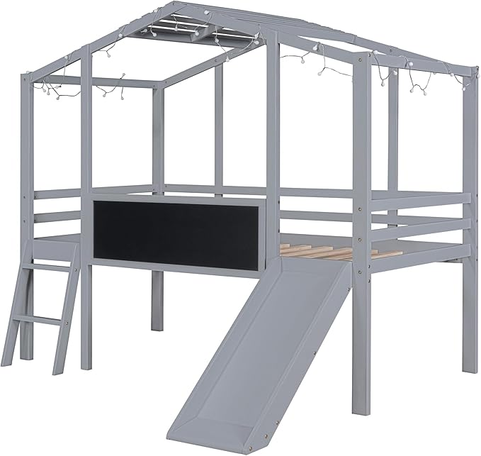 Play Fun Design Twin Size Loft Bed with Ladder and Slide for Kids Boys Girls, Solid Wood House Loft Bed Frame with Blackboard and Light Strip on The Roof, Sturdy Slat Support (Gray-6)