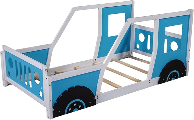 Bellemave Twin Car Bed Frame, Classic Car-Shaped Toddlers Bed with Wheels, Wooden Montessori Floor Bed for Kids (Blue & Black)
