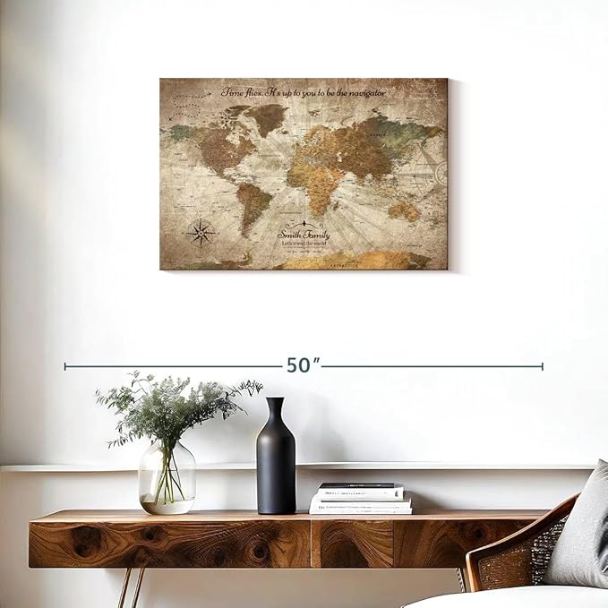ElephantStock - Personalized Be The Navigator I Push Pin World Map Wall Art - Horizontal Canvas Wall Art - Living Room Wall Decor - Digital Art Map Canvas Art - Brown And Beige Decor - 30" x 20"