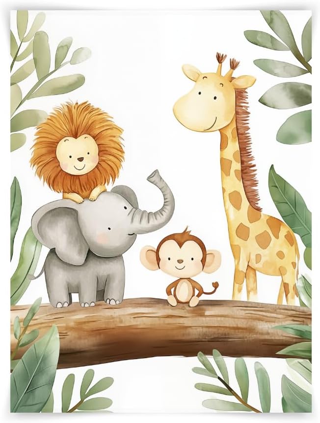 5x7 Safari Animal Friends Watercolor Print, Jungle Animals Kids Room Art, Neutral Safari Nursery Decor, UNFRAMED