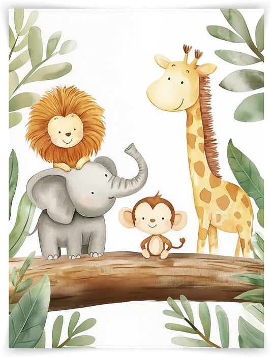 5x7 Safari Animal Friends Watercolor Print, Jungle Animals Kids Room Art, Neutral Safari Nursery Decor, UNFRAMED