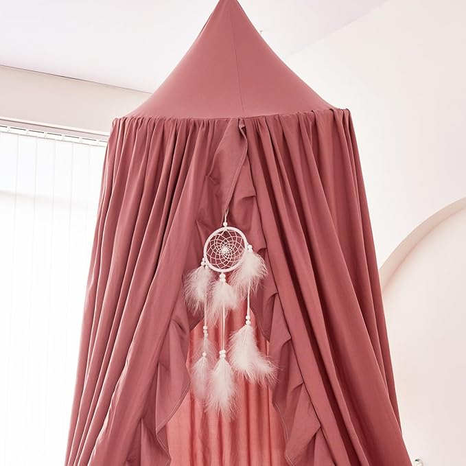 Mengersi Bed Canopy for Girls,Ruffled Canopy Bed Curtains Canopy for Girls Room,Hanging Canopy Princess Play Tent for Reading Nook Play Room Decor (JujubeRed)