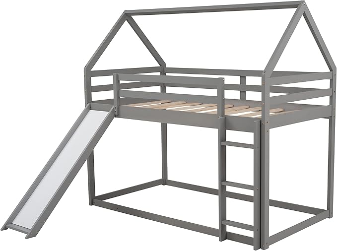 MERITLINE House Shaped Bunk Bed Twin Over Twin Size Wood Bunk Bed with Slide Low Bunk Beds for Boys and Girls, Twin Size, Grey