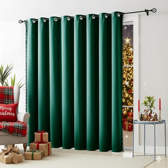 Treatmentex Blackout Patio Sliding Door Curtains Green Pom Pom Extra Wide Room Divider Thermal Insulated Window Curtain Drapes for Living Room Bedroom Chiasmas W100 x L84 1 Panel 7' Tall by 8.5' Wide
