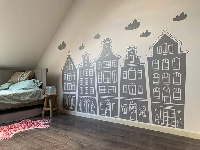 Scandinavian Houses & Clouds Decal Nursery Kids Playroom Wall Sticker Baby Amsterdam Room Decor BA765 (Grey, 37.4X22.inches)