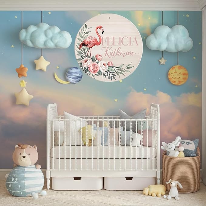 Personalized Wooden Name Signs for Nursery, Flamingo Sign for Baby Door Decor, Newborn Gifts for Girl, Girls Nursery Wall Bedroom Decorations, Mother's Day Gifts for New Mom Dad Gift