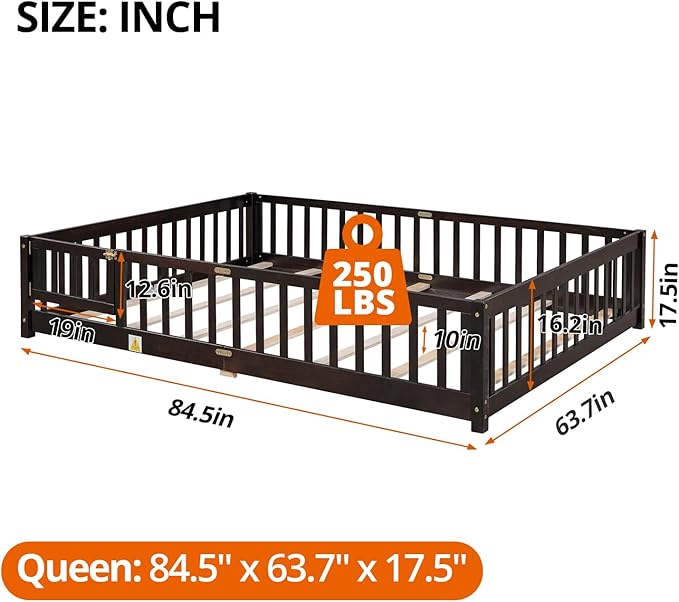 i-POOK Queen Floor Bed for Children, Sturdy Wood Montessori Bed Frame with Wood Slats, High Fence & Small Door for Girls and Boys, Espresso (with Bed Slats)