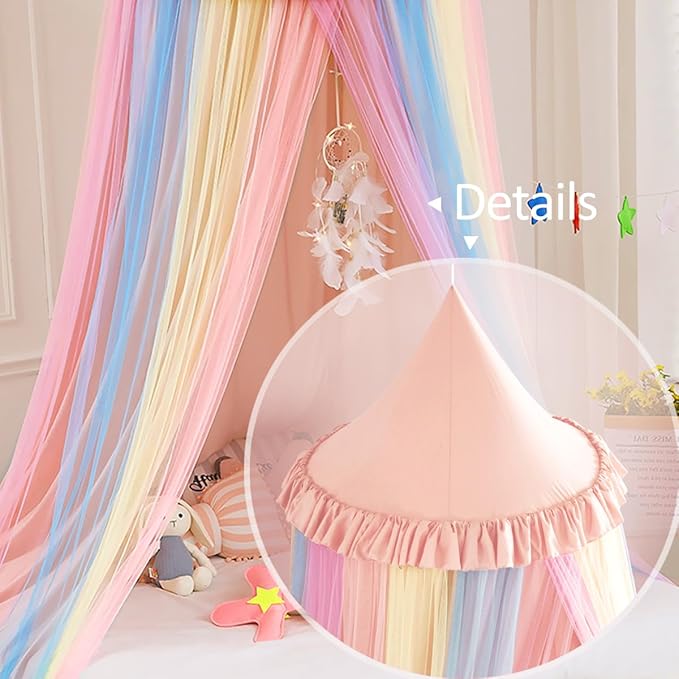 Kertnic Rainbow Bed Canopy for Girls Dreamy Mosquito Net for Bed Round Dome Princess Bed Canopy Girl Room Play Tent Kids Canopy Bed Netting Curtains (Beige Pink Rainbow)