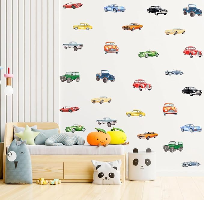 Watercolor Classic Car Wall Stickers, Retro Racecar Off-Road Vehicle Vinyl Wall Decals, Removable Vintage Car Artwork Wall Art for Boys Bedroom Playroom Decor