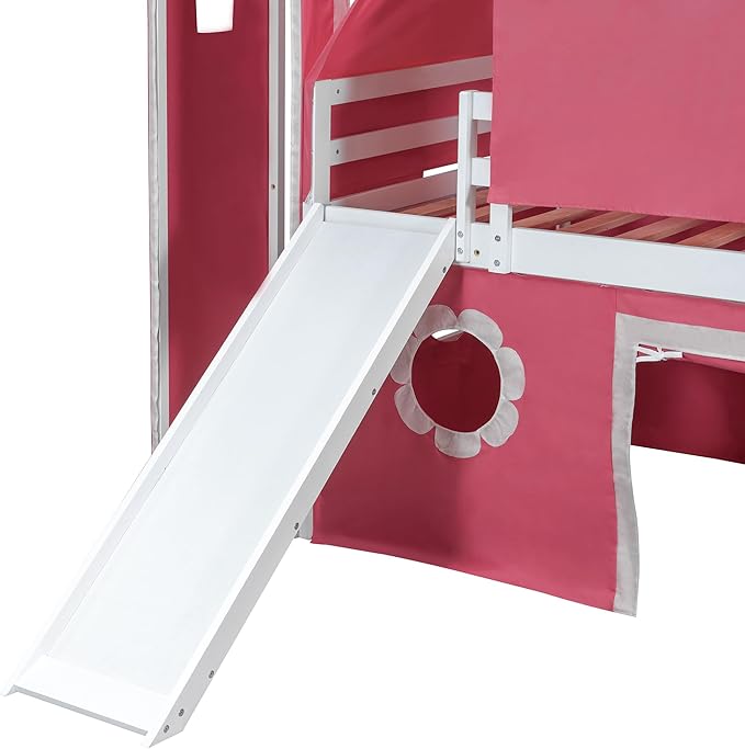 Twin Size Low Loft Bed House Bed with Slide & Tent and Tower, Playhouse Design Solid Wood Tent Bed Frame for Kids Boys Girls, Versatile Spacious Under Bed Space with Curtains (Pink-FT)