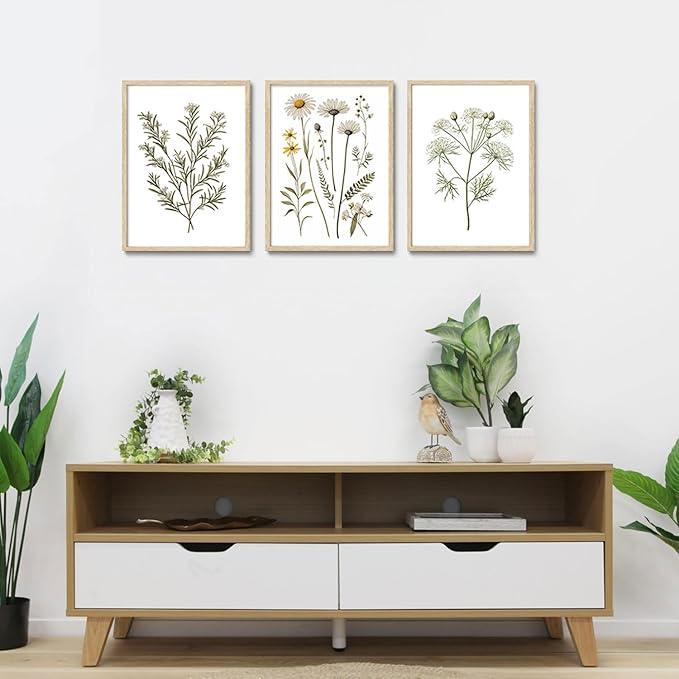 CHMMART 3 Piece Botanical Wildflower Framed Wall Art Floral Canvas Art Prints Green Plant Paintings Wall Decor Flower Pictures Artwork for Living Room Bedroom Bathroom 16x20in