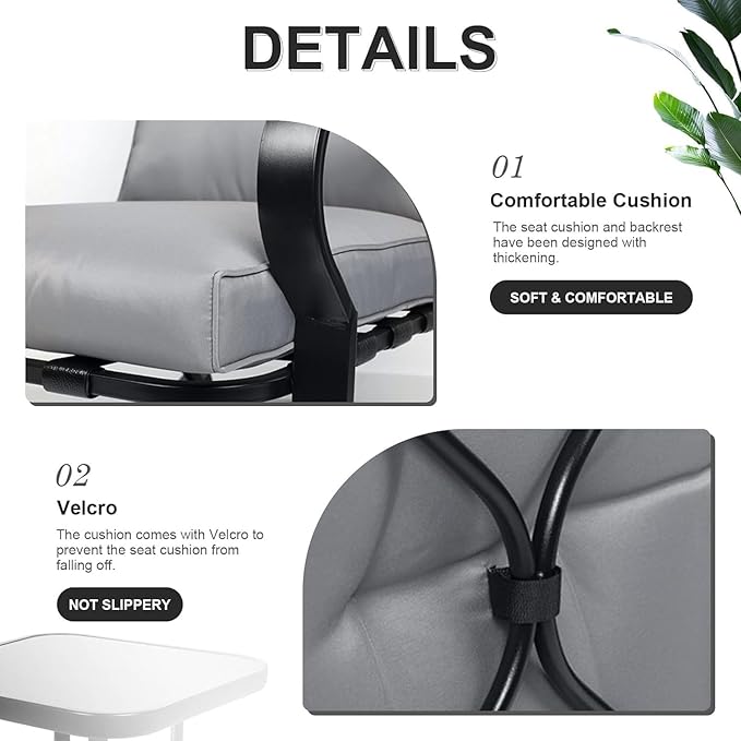 Oakcloud Oakmont Outdoor Furniture 3 Piece Conversation Bistro Set Rocking Chairs and Glass Top Table, Thick Cushions, Black Steel (Grey)