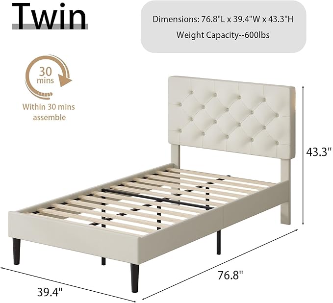 BarnFurin Twin Bed Frame, Upholstered Platform Bed with Button Tufted Headboard, Fabric Bed Frame with Wooden Slats Support, No Box Spring Required, Easy Assembly, Cream