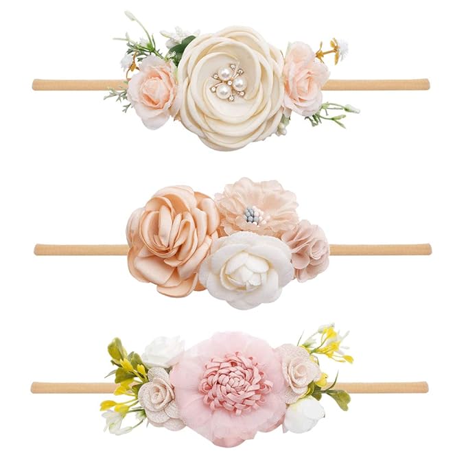 Baby Girl Floral Headbands- 3pcs Nylon Headband Handmade Flower Crown Elastic Hairband Newborn Toddler Hair Accessories Gifts for Girls （1-6 years old）