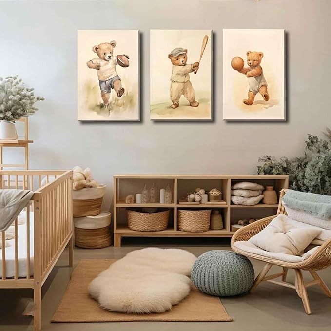 3Pcs Teddy Bear Sports Nursery Animal Canvas Wall Art Cute Woodland Baby Bear Rugby Wall Decor Pictures Football Basketball Baseball Kids Room Posters Prints for living Children Bedroom Decoration