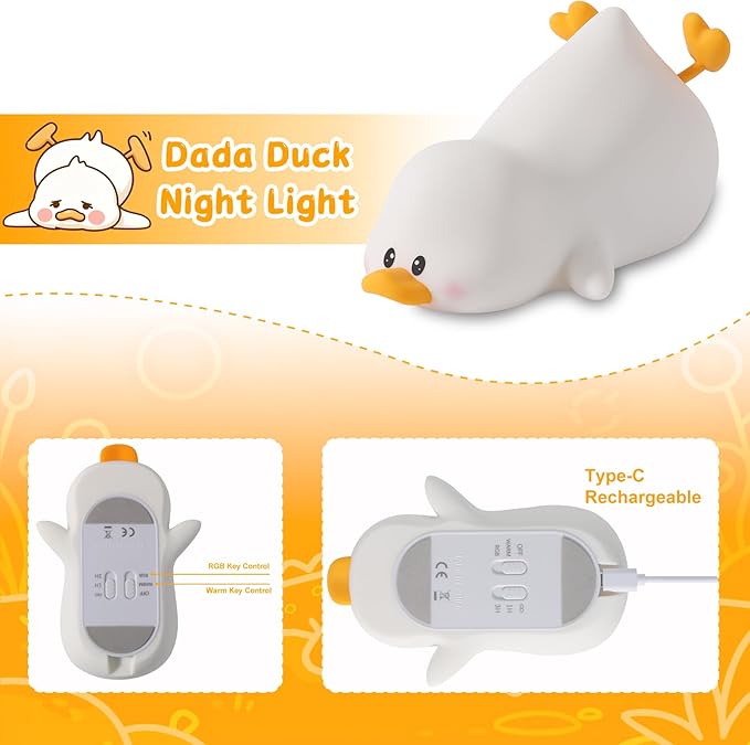 ZKLiLi Night Light for Kids Lamp, 16 Colors Duck Lamp Cute, Dimmable Baby Night Lights for Nursery,Silicone Rechargeable Nightlight for Kids Room, Kawaii Duck Room Decor,Cute Gifts for Girls (Duck)