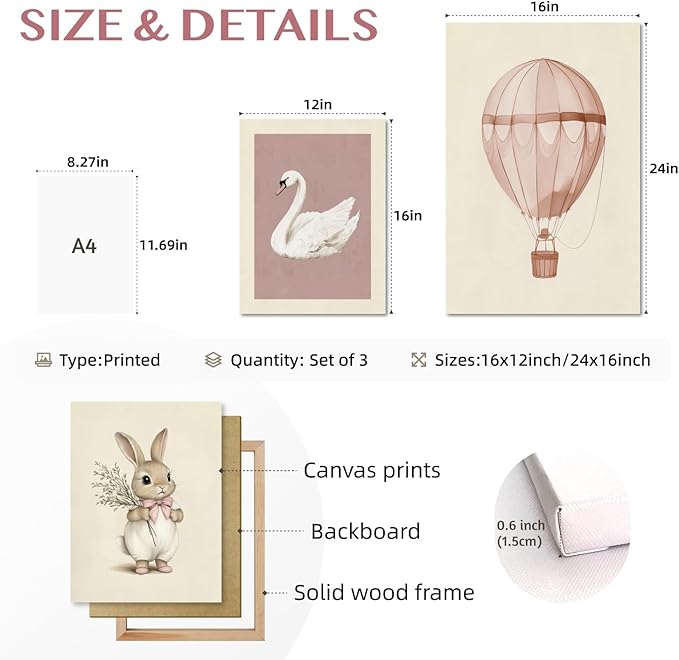 kilamino Pink Baby Girl Nursery Wall Art, Neutral Cute Rabbit and Swan Wall Decor, Vintage Hot Air Balloon Poster Prints, Pastel Bunny Animals Canvas Paintings for Baby Room Playroom Framed 16"x24"x3