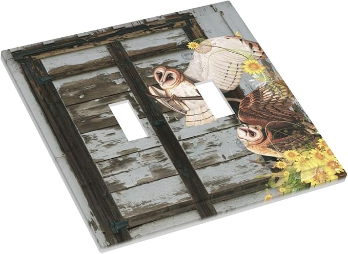 Vintage Brown Blue Old Wooden Door 2 Gang Light Switch Plate Decorative Double Toggle Wall Plate Antique Barn Door with Owls Sunflower Receptacle Switchplate Decorate for Home Living Room Bedroom
