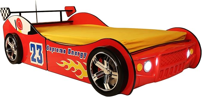 HMFULE Twin Bed Frames for Kids, Wood Race Car-Shaped Bed Frame Platform with Wheels LED Lights & Slat Support for Toddler, Teens, Boys or Girls, No Box Spring Needed (Red)