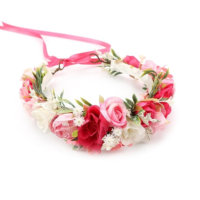 Flower Crown for Girls Children Floral Headpiece Pink Kids Headband Wedding Holo Hair Accessories Birthday Photo Prop (Fuchsia)