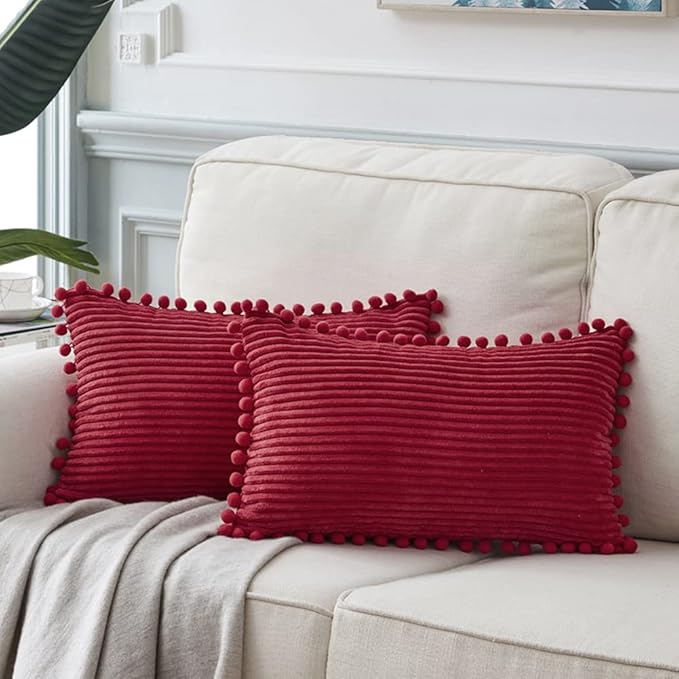 Fancy Homi 2 Packs Burgundy Lumar Decorative Throw Pillow Covers 12x24 Inch with Pom poms, Christmas Home Decor, Soft Corduroy Accent Rectangle Cushion Case for Living Room Couch Bed Sofa