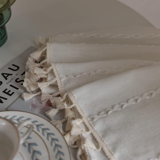 Deeprove White Boho Tassel Valance for Cafe Kitchen Decor, Bohemian Farmhouse Cream Cotton Linen Short Curtains French Country Window Treatments Tier Panel, W52 x L18, 1 Piece