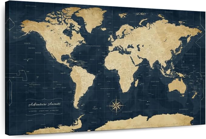 ElephantStock - Adventure Awaits World Map With Push Pins Wall Art - Horizontal Canvas Wall Art - Living Room Wall Decor - Digital Art Map Canvas Art - Gold And Blue Decor - 51" x 34"
