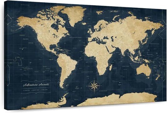 ElephantStock - Adventure Awaits World Map With Push Pins Wall Art - Horizontal Canvas Wall Art - Living Room Wall Decor - Digital Art Map Canvas Art - Gold And Blue Decor - 45" x 30"