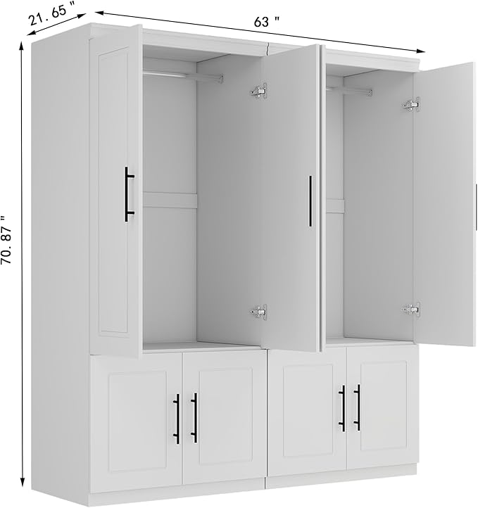 White Armoire Wardrobe Closet Cabinet: 4 Door Wood Wardrobe Closet Combination Cabinet Wooden Bedroom Armoire with Hanging Rods for Home/Bedroom/Living Room
