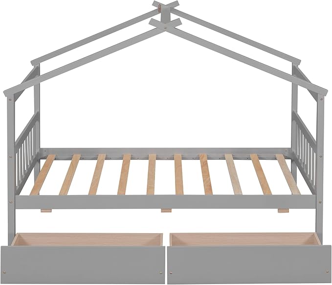 Merax Twin Size Wooden House Bed with Two Drawers, Wood Bed Frame with Roof for Kids, Teens, Boys or Girls, Grey