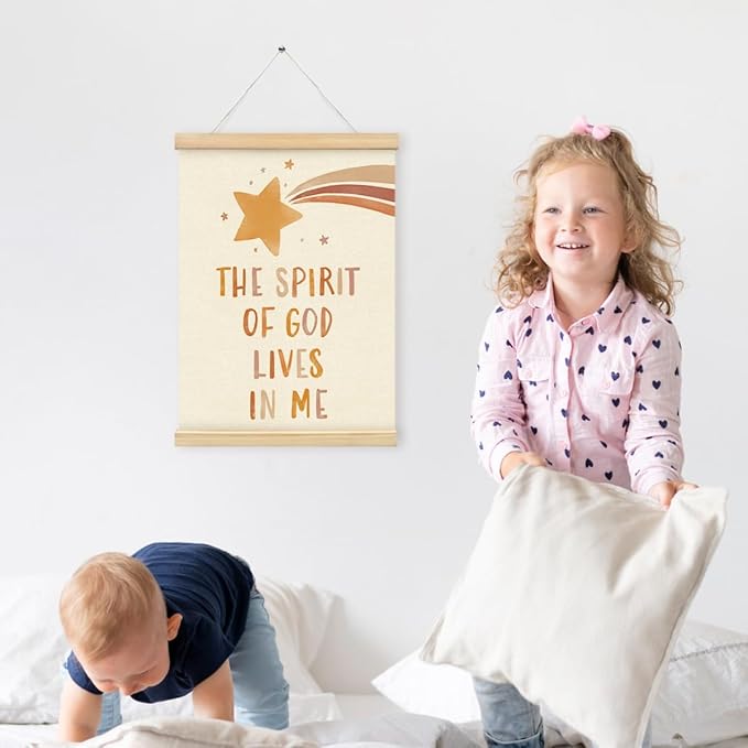 PLKMN Christian Nursery Wall Decor, the Spirit of God Lives in Me Wall Art with Wooden Poster Hanger, Boho Christian Wall Decor for Nursery Kids Room Sunday School Preschool Classroom, 12x16 Inch