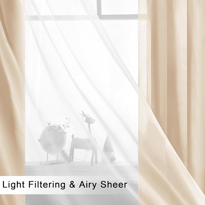 Hiasan Mix & Match Blackout Curtains with Sheer Overlay, Thermal Insulated Privacy Double Layer Room Darkening Window Curtains for Bedroom, Living Room, 2 Panels with Tiebacks, Beige, 60W X 84L