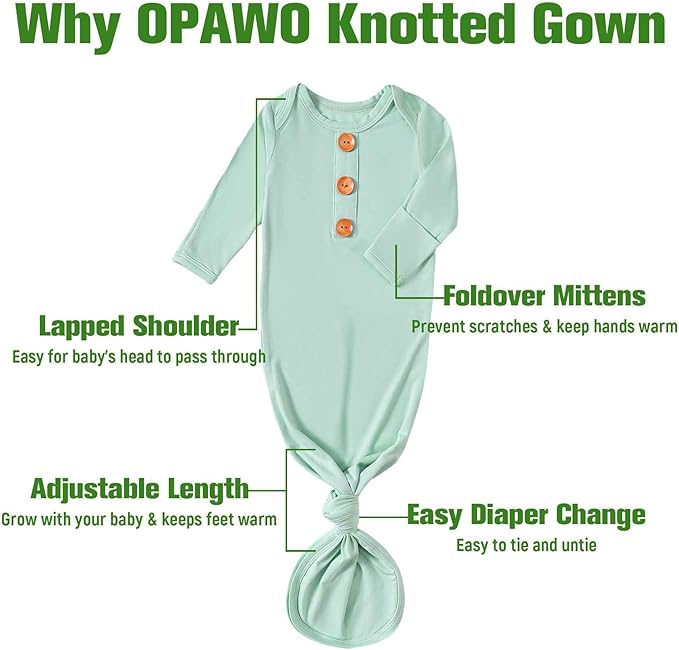 OPAWO Knotted Gown Baby Newborn Sleepers Baby Boy Coming Home Outfit, Bamboo Viscose Baby Gowns with Mitten Cuffs and Hat Set