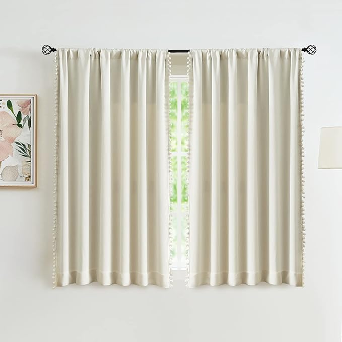 Treatmentex Pom Pom Blackout Curtains Ivory Curtains for Nursery Room Darkening Curtain Drapes 54" Short Window Curtain Set for Living Room Bedroom 2 Panels