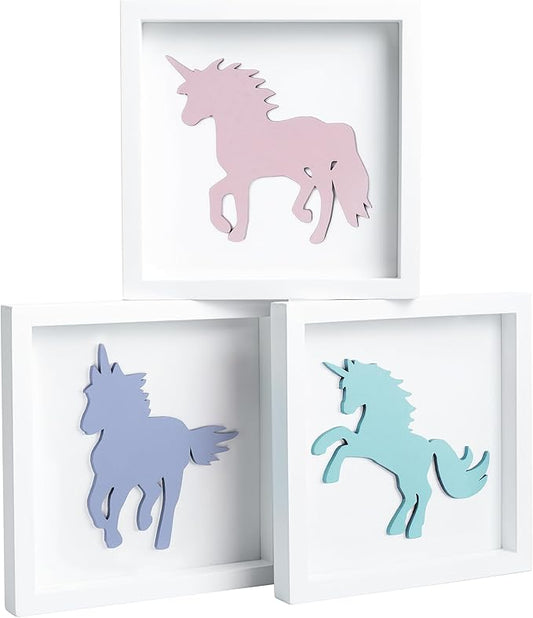 Tide and Tales Unicorn Wall Decor (Set of 3) 3D Framed Unicorn Bedroom Decor for Girls, Pastel Girls Room Decorations, White Wood Nursery Decorations Wall Art, Gift-Boxed