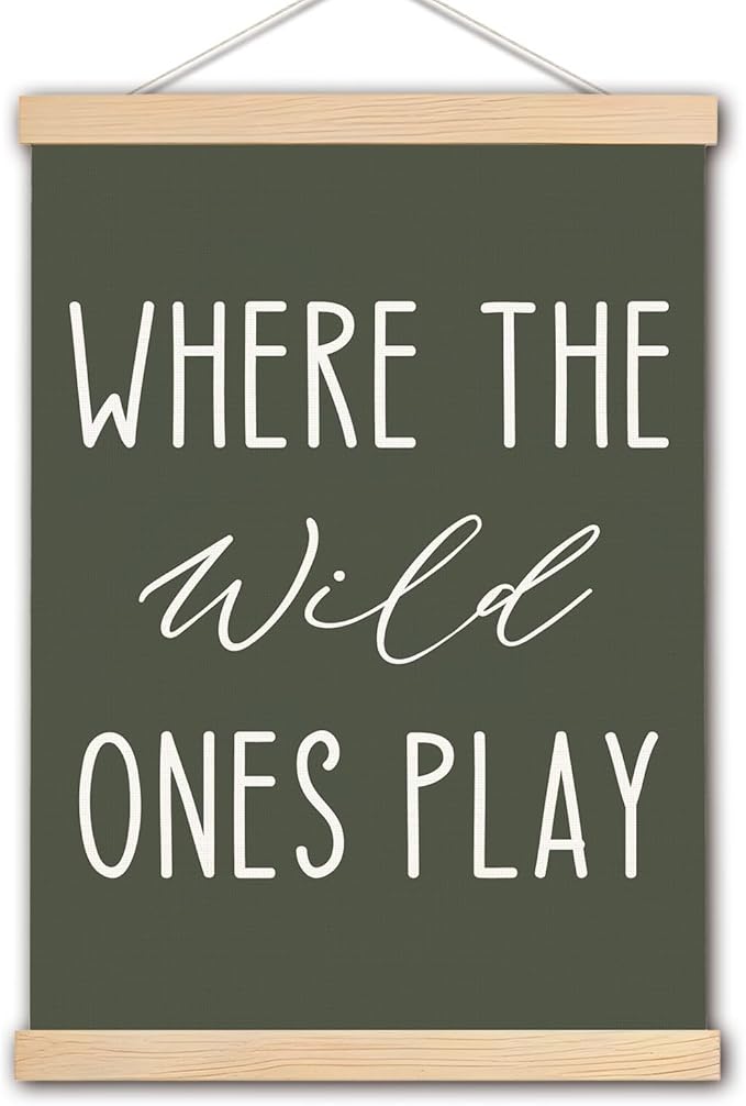 DNEULYR Green Nursery Wall Art Poster, Kids Playroom Wall Decor, Where the Wild Ones Play Poster Hanger Frame for Toddler Kids Room Bedroom Nursery Playroom, 12x16 Inches