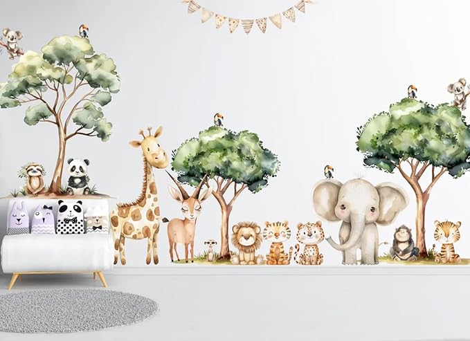 Safari Jungle Wall Stickers – Safari Animals Wall Decals for Nursery – Kids Room Wall Art – Removable Vinyl Stickers for Baby Room Decor – Giraffe Elephant Lion Wall Mural (Set2)
