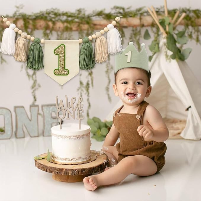 Wild One High Chair Banner For 1st Birthday Party Boy Decorations With Green Tassel Garland Crown Hat Wild One Cake Topper