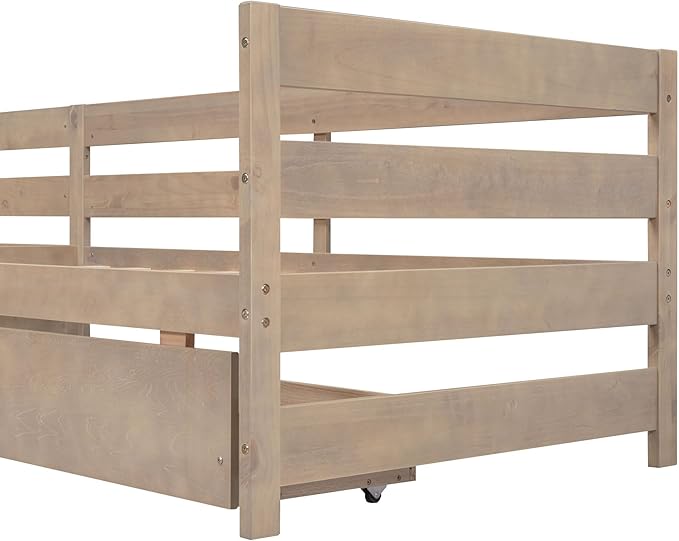 Twin Size L-Shaped Platform Bed for 2, Wood Kids Platform Bed Frame with 3 Storage Drawers and Guardrail for Boys Girls, Sturdy Slats Support (Natural-2.28)
