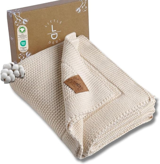 100% Organic Cotton Baby Knitted Blanket with Gift Box - Soft Toddler, Crib, Stroller Blanket - Neutral Swaddle and Receiving Blanket for Newborns, 30"x40", Beige