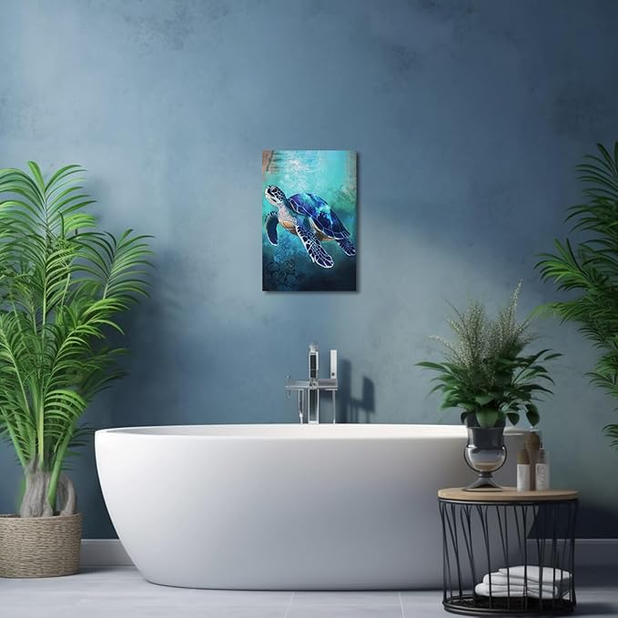 AWPANERAR Sea Turtle Wall Art Bathroom Pictures Watercolor Sea Life Canvas Prints Ocean Animal Poster Nautical Theme Artwork for Kids Room Nursery Decor Framed (Blue, (30L x 20W))